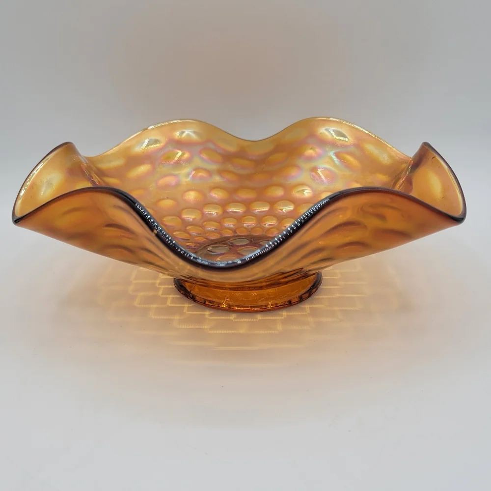 Vintage Fenton Carnival Glass Coin‎ Dot Ruffled Bowl Irredesent Collectible Gold